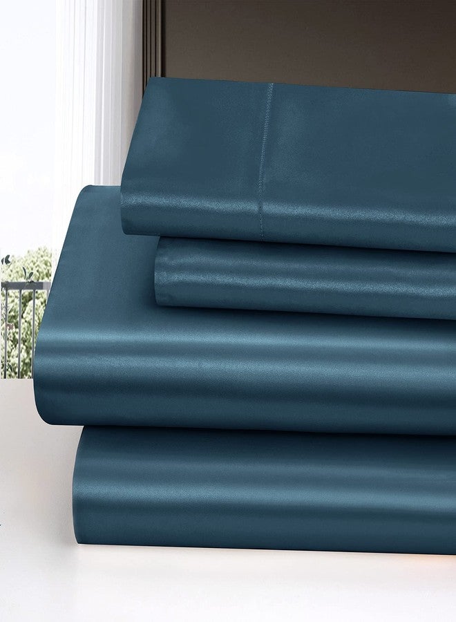 Homiest 4pcs Satin Sheets Set Luxury Silky Satin Bedding Set with Deep Pocket, 1 Fitted Sheet + 1 Flat Sheet + 2 Pillowcases (King Size, Deep Sea Blue) - Image 2